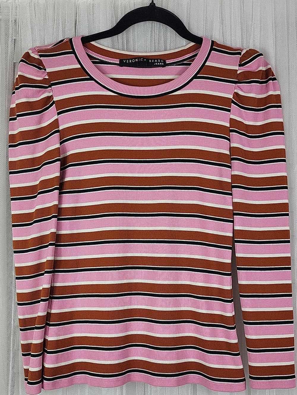 Veronica Beard Jeans Pink & Brown Striped Long Sleeve Top. Size XS